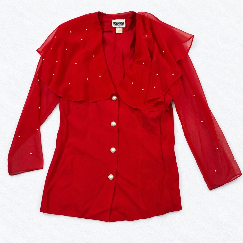 Vintage Hosanna Design Red Pearl Ruffle Blouse Sheer Long Sleeve Made in USA M